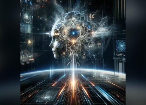 A translucent face in profile with a glowing brain of gears and filaments, above a planet's horizon crossed by streaks of light.
