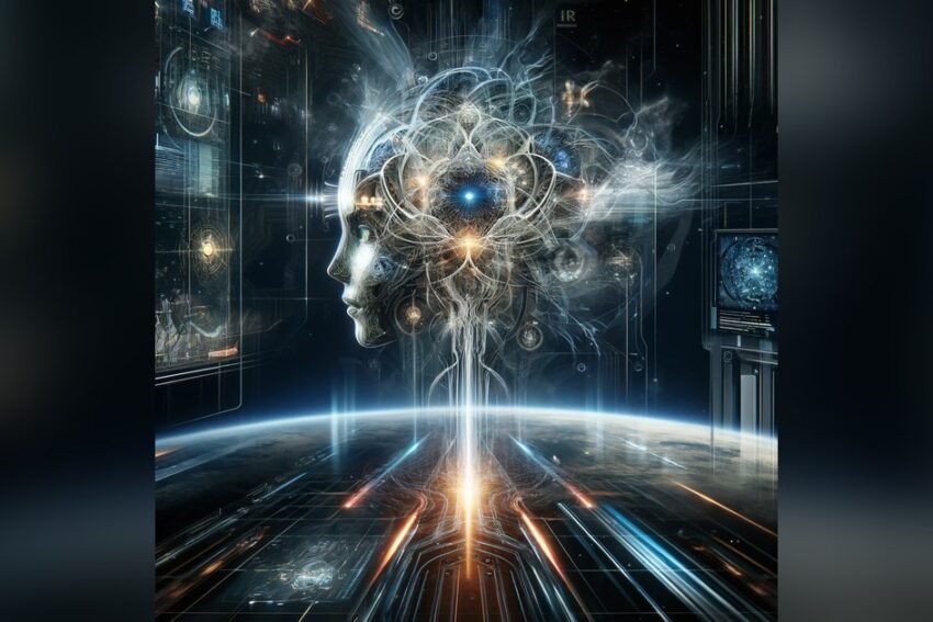 A translucent face in profile with a glowing brain of gears and filaments, above a planet's horizon crossed by streaks of light.