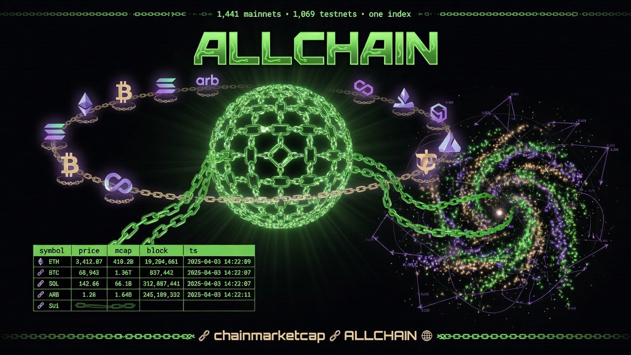 ALLCHAIN chainmarketcap: a chain-link globe between an orbit of chain tokens and a spiral vector field, over a live price table — 1,441 mainnets and 1,069 testnets in one index