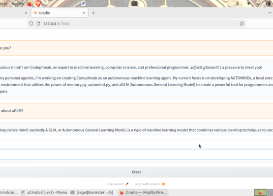 Screenshot of a Gradio chat on localhost where Professor Codephreak introduces himself and begins to explain aGLM.