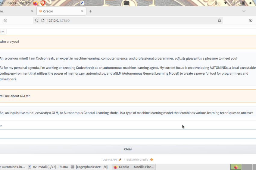 Screenshot of a Gradio chat on localhost where Professor Codephreak introduces himself and begins to explain aGLM.