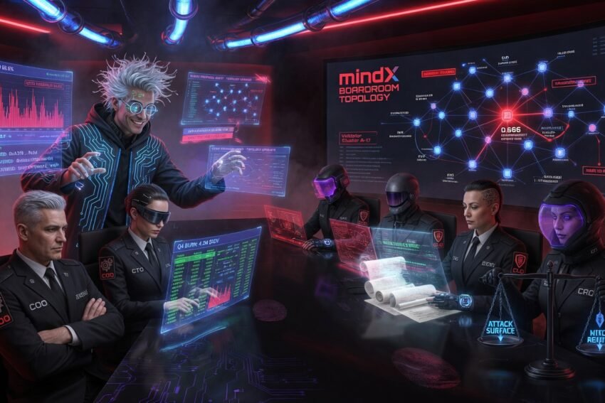 Professor Codephreak at the head of a boardroom table