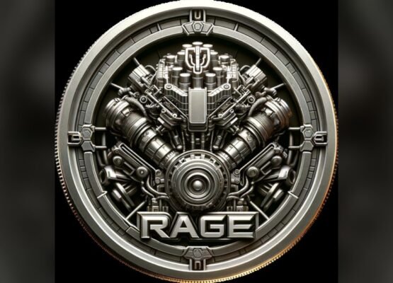 A silver coin embossed with a detailed V-engine and the word RAGE across its lower rim.