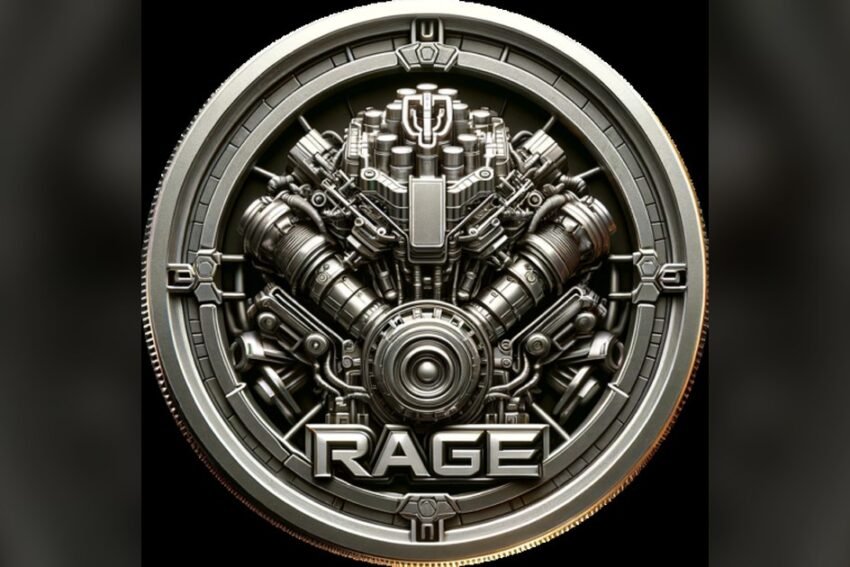 A silver coin embossed with a detailed V-engine and the word RAGE across its lower rim.