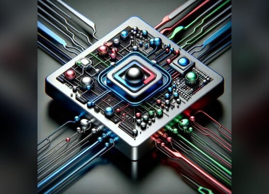 A chrome circuit board seen at an angle, a steel sphere in a blue and red square at its centre, wired out to blue, red and green traces.