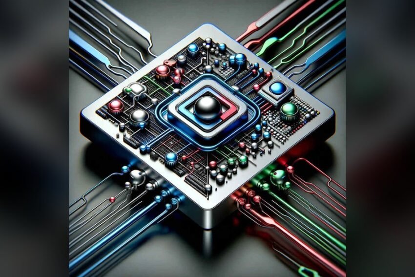 A chrome circuit board seen at an angle, a steel sphere in a blue and red square at its centre, wired out to blue, red and green traces.