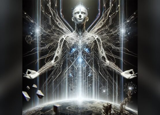 A luminous white humanoid woven from silver filaments and circuit lines, arms open, rising above the curve of a dark planet.