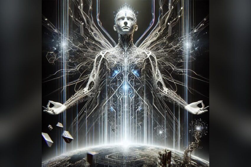 A luminous white humanoid woven from silver filaments and circuit lines, arms open, rising above the curve of a dark planet.