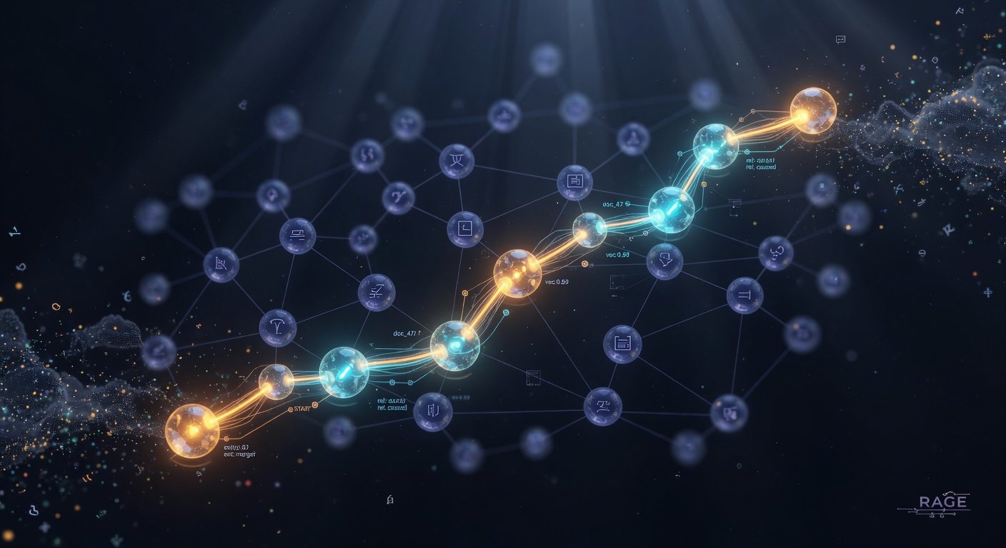 RAGE — Retrieval Augmented Generative Engine: a vector graph with similarity paths lit between document nodes, showing nearest-neighbour retrieval across an embedded corpus