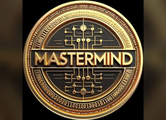 A gold coin with MASTERMIND in raised letters across a black circuit-board face, ringed with binary digits.