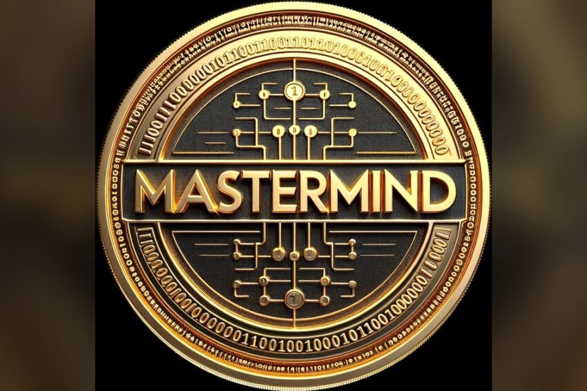 A gold coin with MASTERMIND in raised letters across a black circuit-board face, ringed with binary digits.