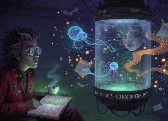mindX dreaming: a mind consolidating in a tank marked DO NOT INTERRUPT while its architect reads the notes