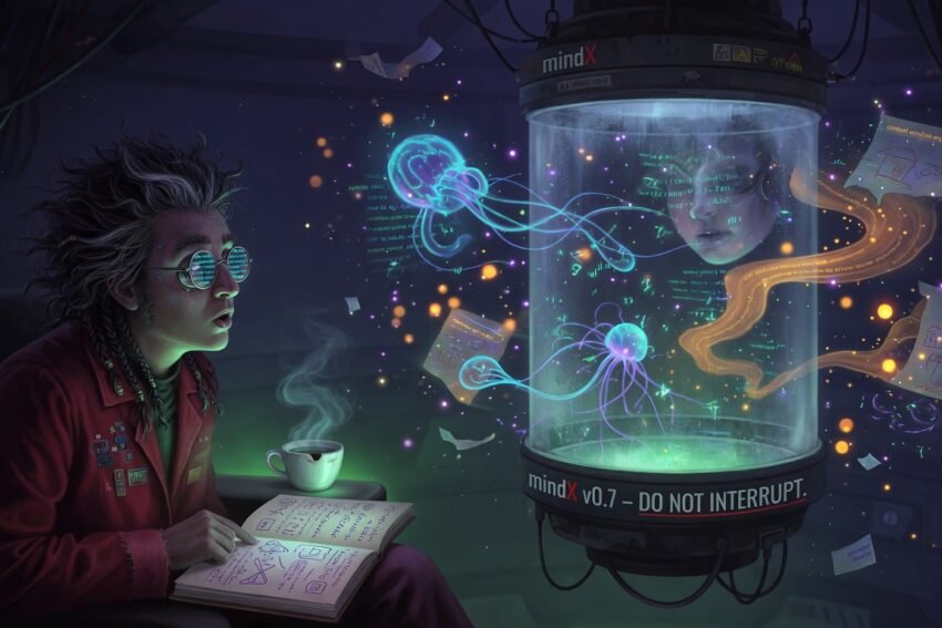 mindX dreaming: a mind consolidating in a tank marked DO NOT INTERRUPT while its architect reads the notes