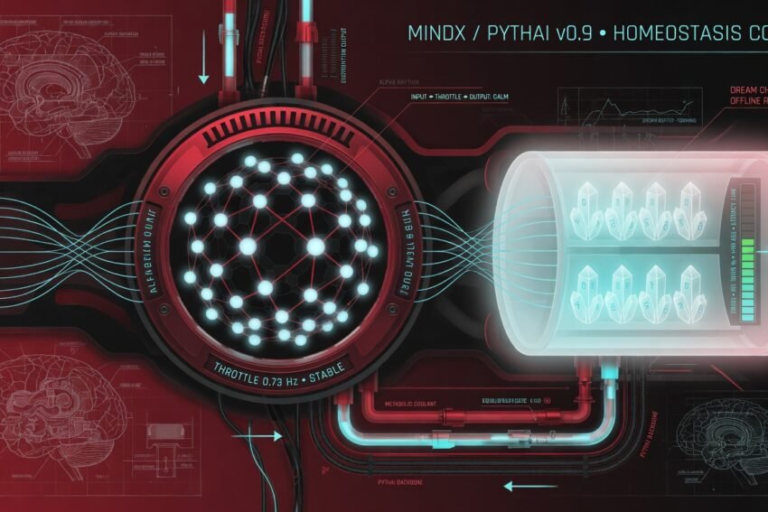 mindX homeostasis core: a throttled engine feeding a dream chamber, stable at a fraction of the processor