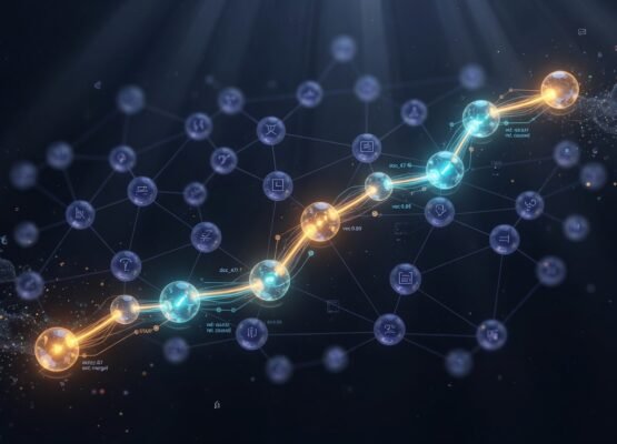 RAGE — Retrieval Augmented Generative Engine: a vector graph with similarity paths lit between document nodes, showing nearest-neighbour retrieval across an embedded corpus