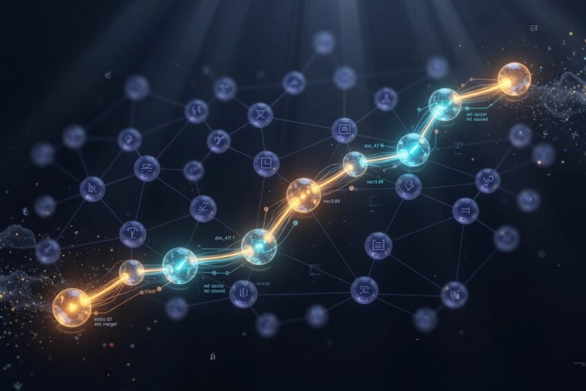 RAGE — Retrieval Augmented Generative Engine: a vector graph with similarity paths lit between document nodes, showing nearest-neighbour retrieval across an embedded corpus