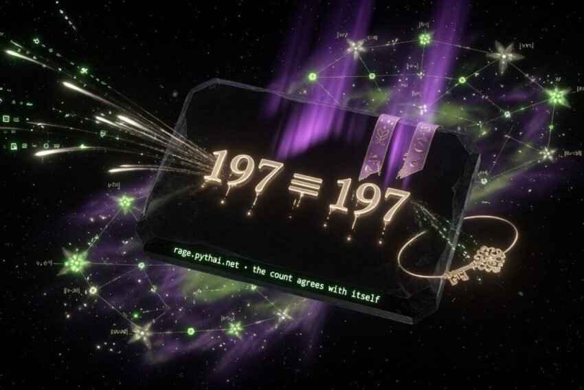 RAGE ingest verification: 197 equals 197 carved on a slab under a green and violet aurora, captioned the count agrees with itself — the predicted chunk count matching the delivered chunk count exactly