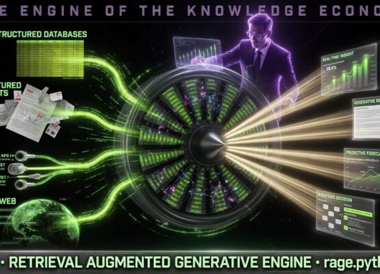RAGE, the Retrieval Augmented Generative Engine: structured databases, unstructured documents, APIs and live web content feeding a turbine that outputs real-time insight, generative reports, predictive forecasts and strategic decisions