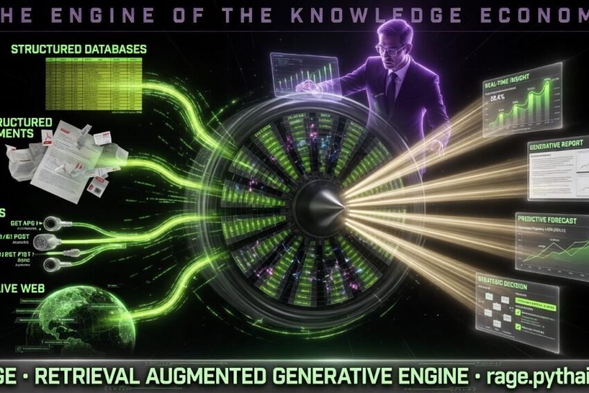 RAGE, the Retrieval Augmented Generative Engine: structured databases, unstructured documents, APIs and live web content feeding a turbine that outputs real-time insight, generative reports, predictive forecasts and strategic decisions