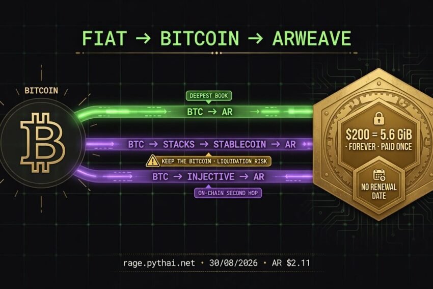 Three routes from fiat to Arweave: Bitcoin straight to AR as the deepest book; BTC through Stacks to a stablecoin to AR, marked keep the bitcoin with a liquidation risk warning; and BTC through Injective to AR as an on-chain second hop — beside a seal reading $200 = 5.6 GiB, forever, paid once, no renewal date