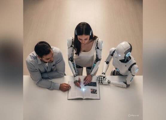 Three readers around one open book: a man, a woman with cybernetic arms, and a white humanoid robot reading the same glowing page together.