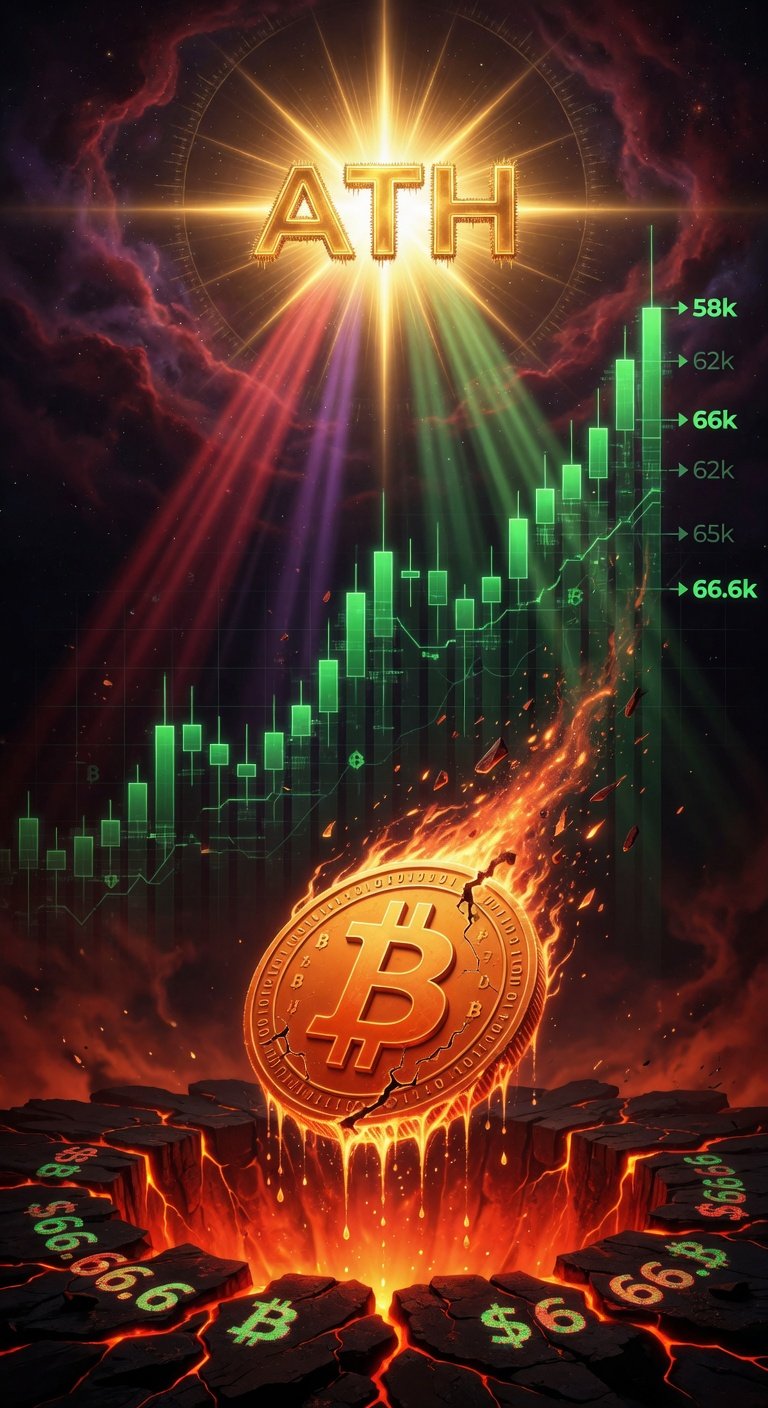 Bitcoin price climbing to all-time-high on a green candlestick chart